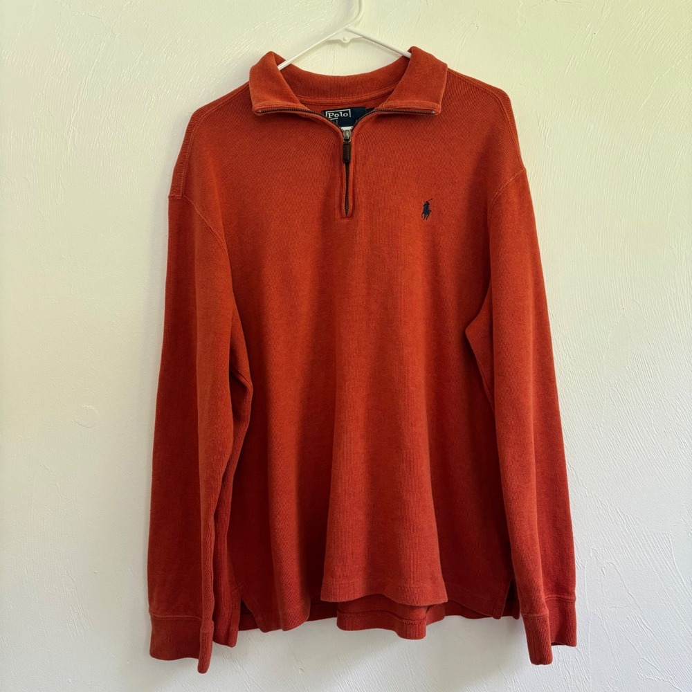 Polo Ralph Lauren 1/4 Zip Sweater Men Large Orange Rust 100% Cotton Pony Logo